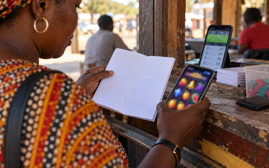 About Zambia Casino Atlas illustrated with a coupon booklet compared with two betting phones.