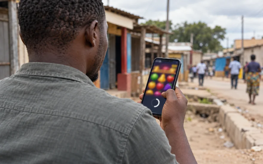 GSB app download illustrated by a slot phone held outdoors on a Zambian street.