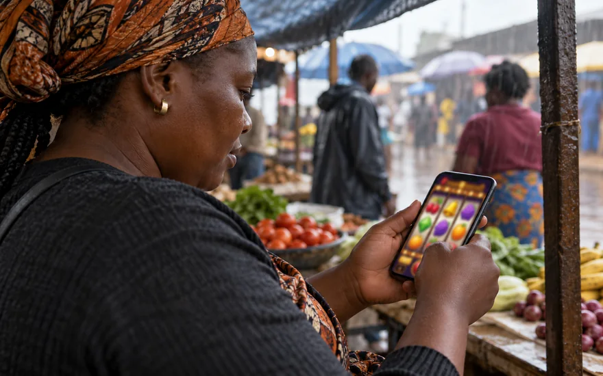 GSB app download illustrated with a fruit-slot phone beneath a market awning in Zambia.