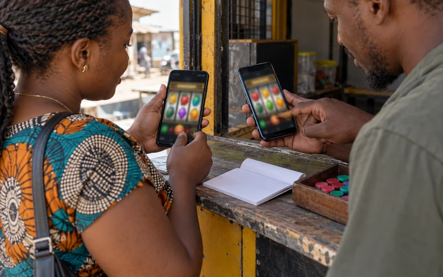 Best online casino Zambia illustrated with two casino screens compared at a betting counter.