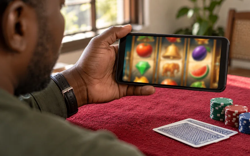 Best slots illustrated with fruit and gem slot reels on a phone.