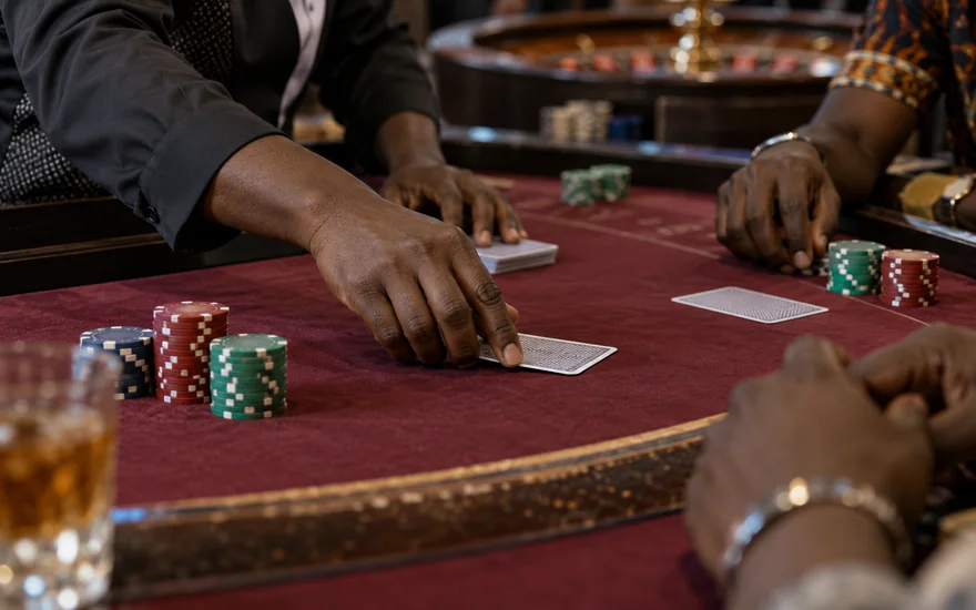 GSB casino illustrated with face-down cards and chips on a casino table.