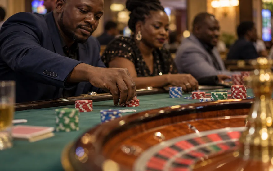 GSB casino illustrated with roulette wheel and unmarked chips.