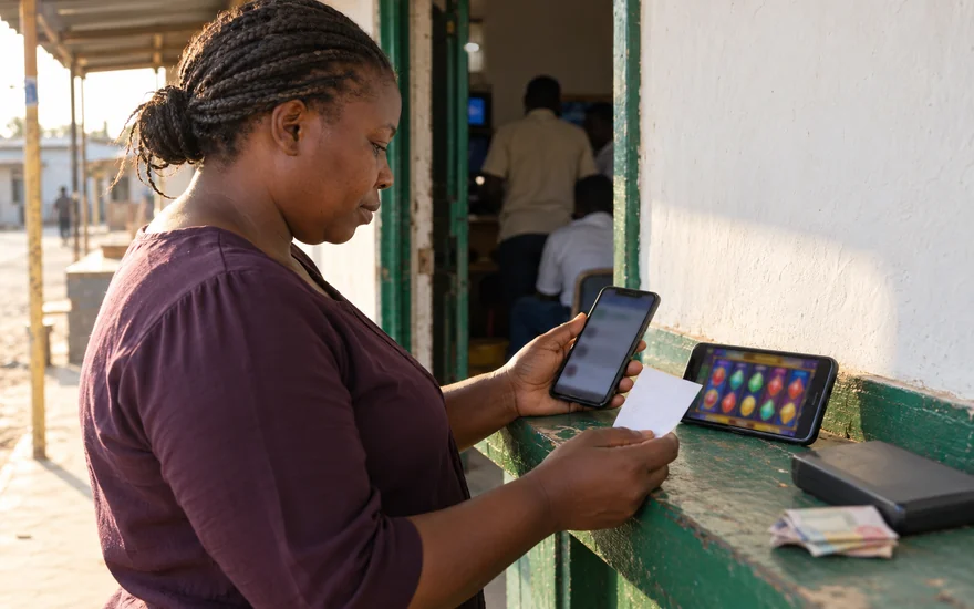 A 5 dollar deposit casino guide illustrated by an adult comparing anonymous wallet and casino phones with a betting ticket outside a Kitwe shop.