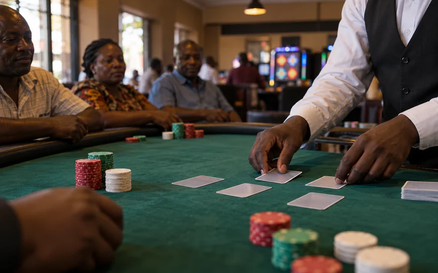 Live casino Zambia illustrated by an adult dealer arranging anonymous face-down cards and unnumbered chips at a green-felt table in Lusaka.