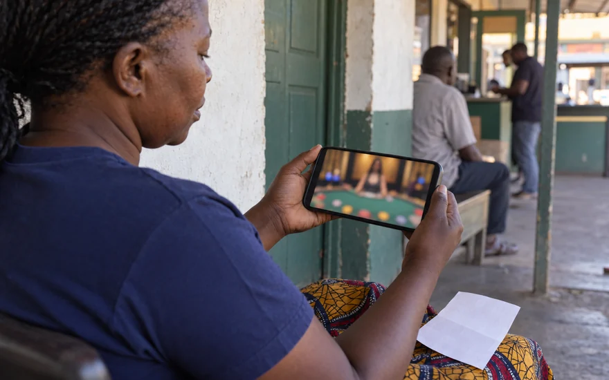 Live casino Zambia guide illustrated by an adult watching an anonymous blurred dealer studio on a phone outside a Kitwe betting shop.