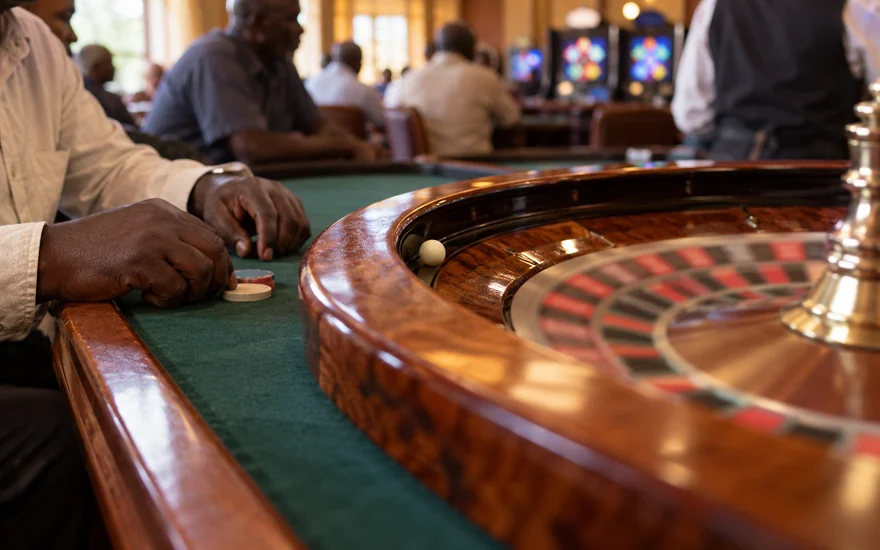 Best online roulette casinos Zambia illustrated by an anonymous wooden roulette wheel, adult hands and unnumbered chips in Lusaka.