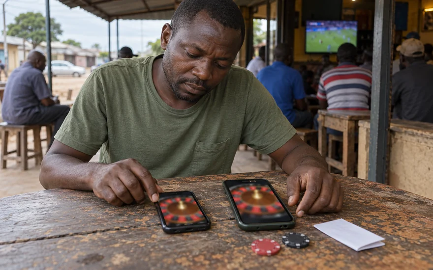 Best online roulette casinos Zambia comparison illustrated by two unreadable roulette phones beside an anonymous betting coupon outside a Kitwe sports bar.