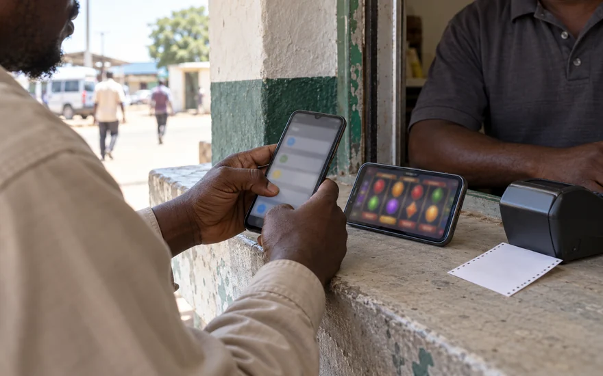 Tether casino comparison illustrated by an unreadable abstract network-choice phone beside casino reels and an anonymous betting coupon in Lusaka.
