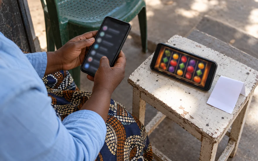 Tether casino guide illustrated by an adult comparing an unreadable network-choice phone with abstract casino reels beside a blank betting receipt in Kitwe.