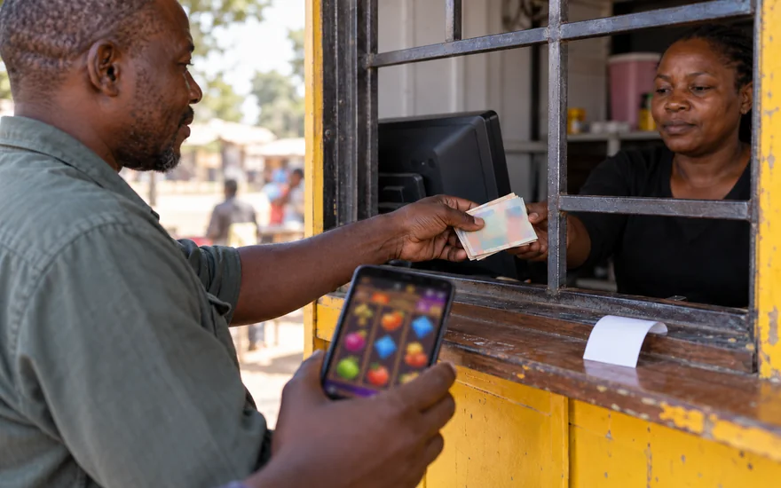 Fast withdrawal casino illustrated with cash handover and a casino phone at a kiosk.