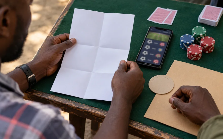 Is GSB legal in Zambia illustrated with a betting phone and rules sheet beside chips and cards.