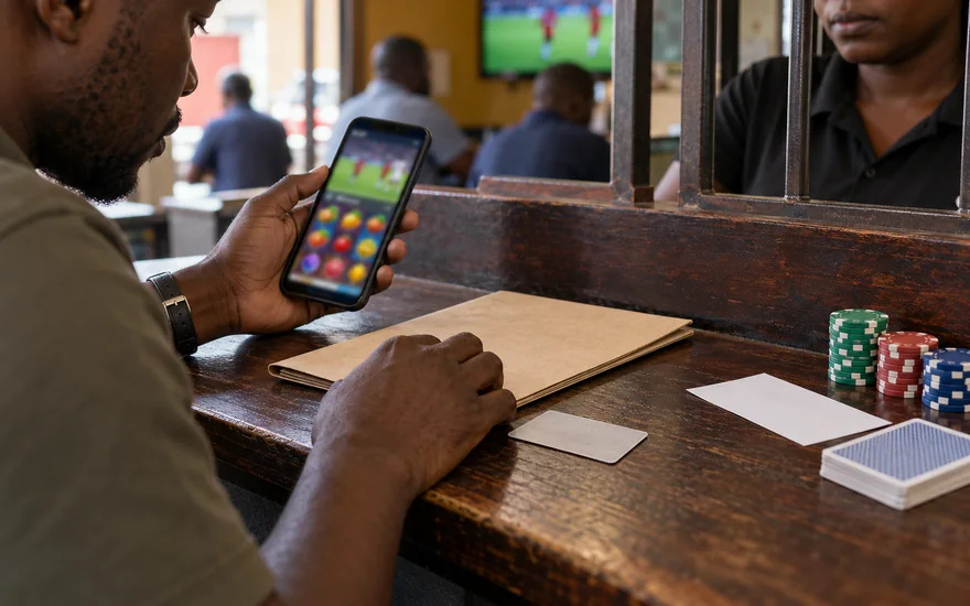 Is GSB legal in Zambia illustrated with casino phone with identity and document materials.