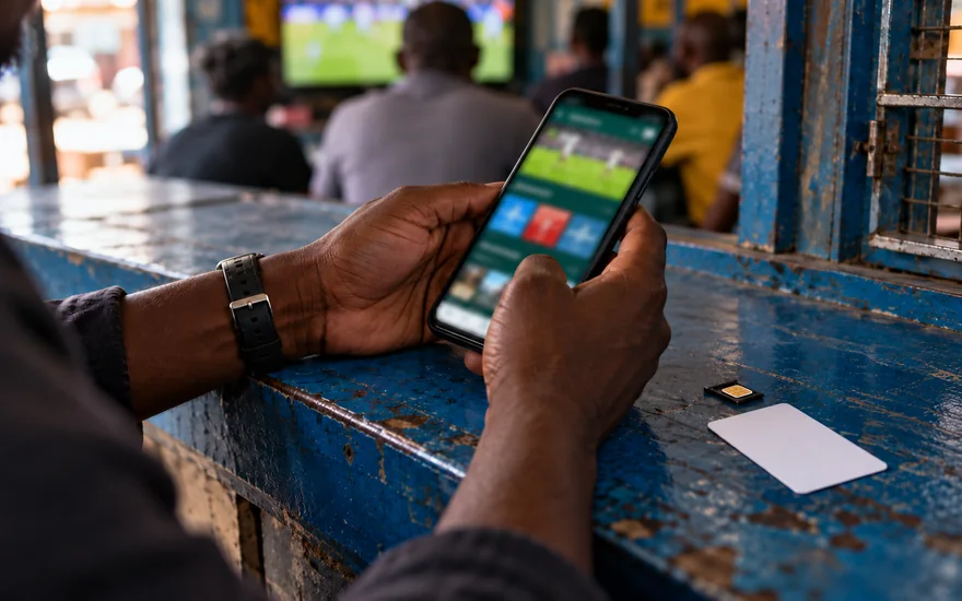 GSB Zambia login illustrated with a betting phone, SIM tray and face-down identity card.
