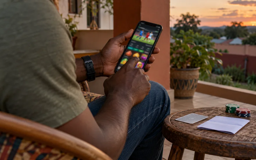 GSB Zambia login illustrated by an adult accessing a betting phone on a veranda.