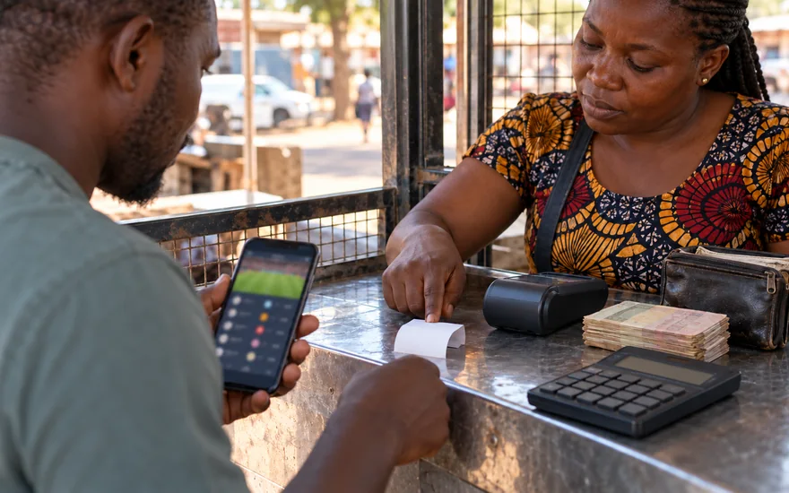 GSB minimum deposit illustrated with a betting phone and receipt at a payment counter.