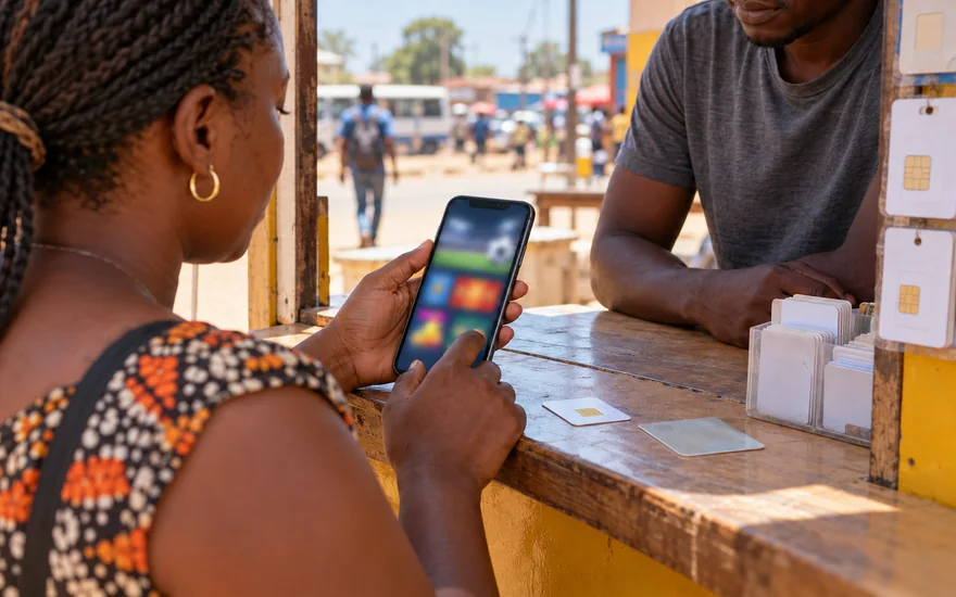 GSB Zambia registration online illustrated by a betting phone beside SIM cards and a face-down ID at a kiosk.
