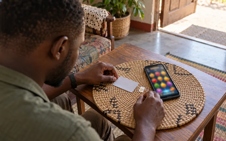 GSB Zambia registration online illustrated with identity and SIM materials beside a slot phone.