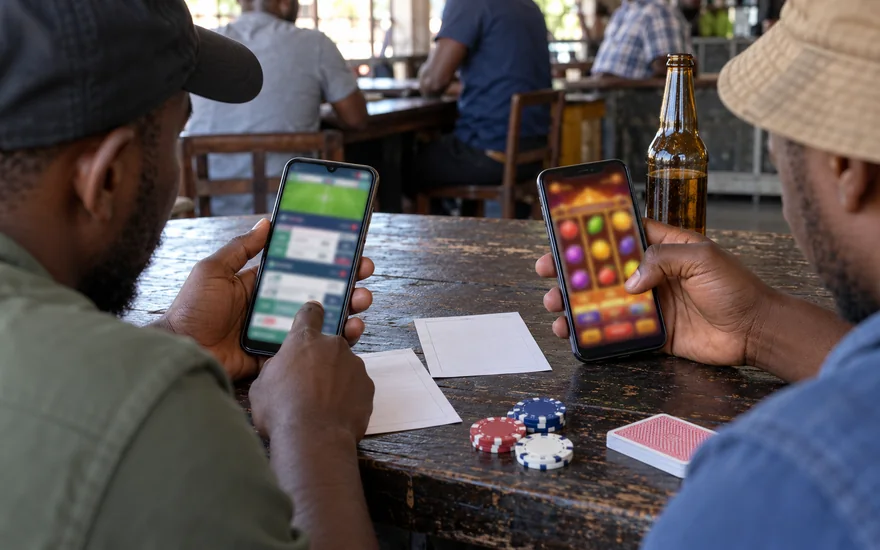 GSB review illustrated with sports betting and slot phones compared beside coupons.
