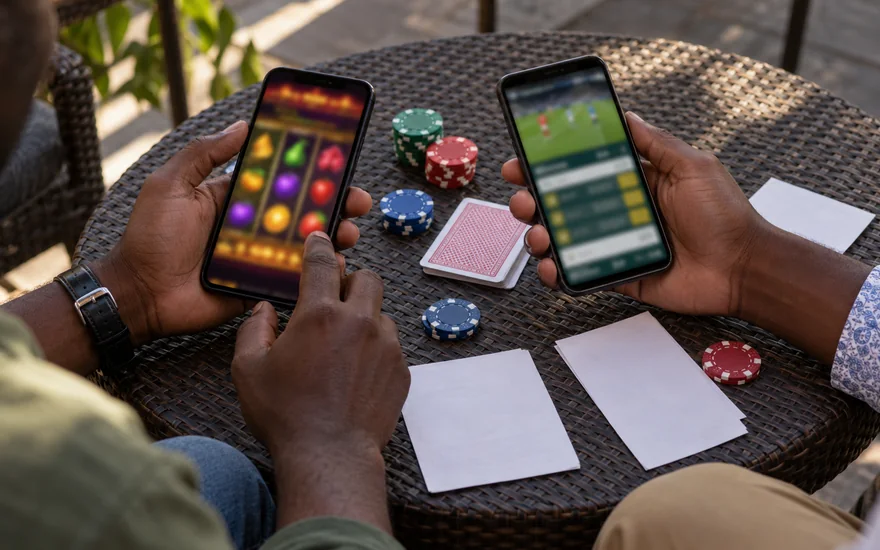 GSB review illustrated by two betting screens with chips, cards and blank coupons.