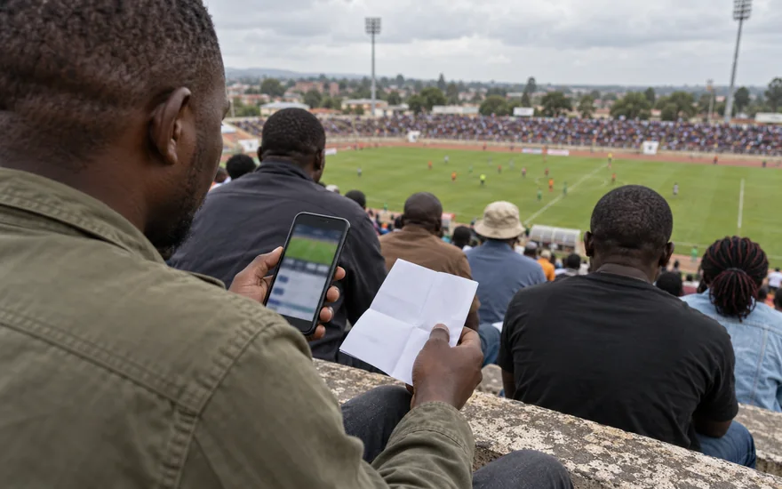 GSB sports betting illustrated with a betting phone and coupon on stadium terraces.