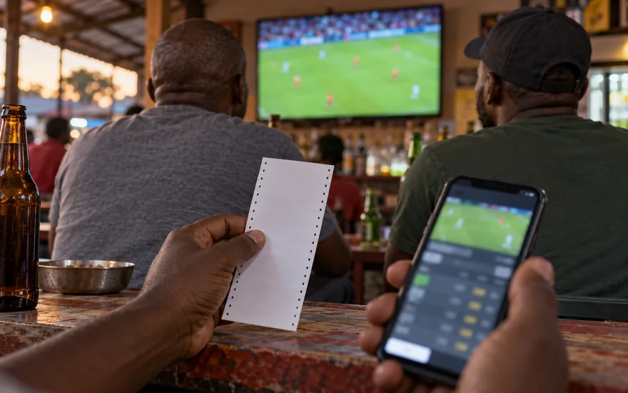 GSB sports betting illustrated with a betting slip and televised match in a local bar.