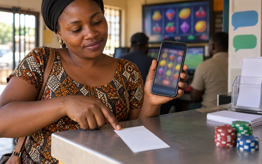 GSB customer care illustrated by a betting phone and receipt at an agent counter.