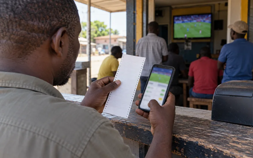 GSB ticket check illustrated by an adult comparing a betting coupon with a blurred ticket-checking phone screen.