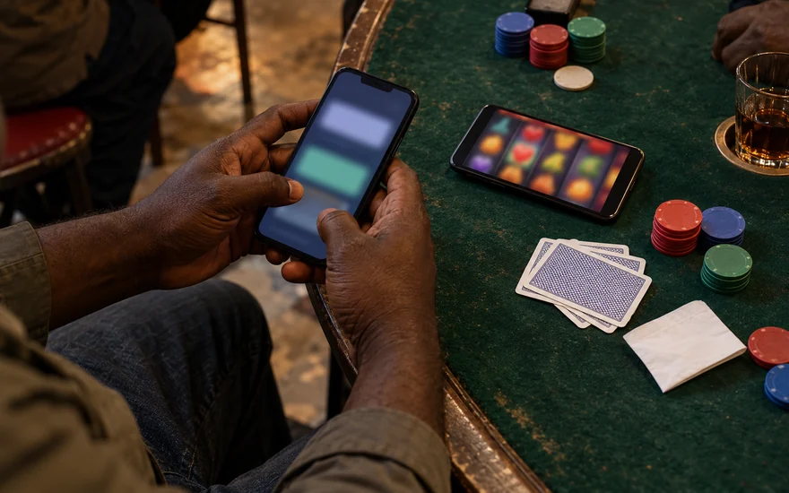 Bitcoin casino Zambia illustrated by a blurred wallet phone beside abstract casino reels, unmarked cards and blank chips on worn green felt.