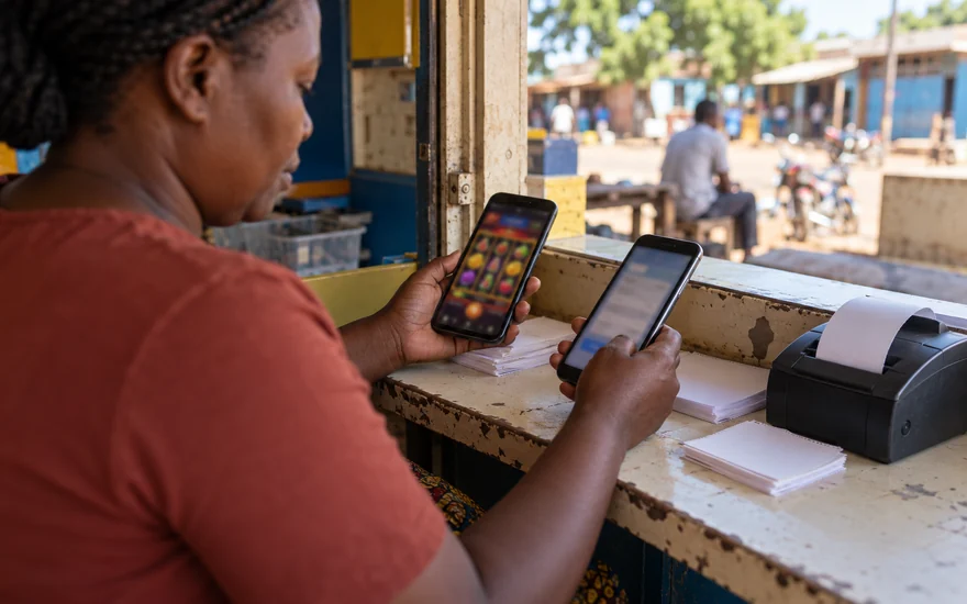 Bitcoin casino Zambia payment comparison illustrated by two blurred phones and anonymous betting coupons at a Zambian cashier window.