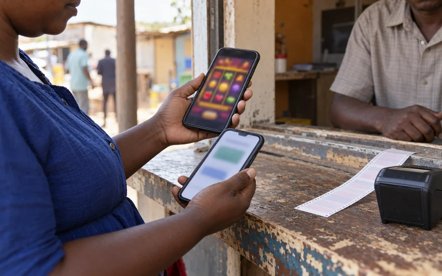 Crypto casino comparison for Zambia illustrated by an adult comparing a blurred wallet confirmation with abstract slot reels at a betting counter.