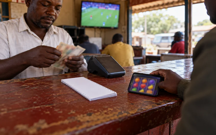 Low deposit casino comparison in Zambia illustrated by a cashier counting unreadable notes beside a betting phone, anonymous coupon and payment terminal.