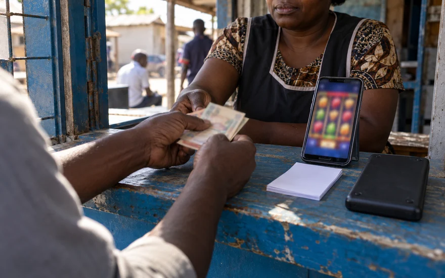 A 1 dollar deposit casino guide illustrated by cash at a Zambian betting-agent counter beside a slot phone and a blank calculator.