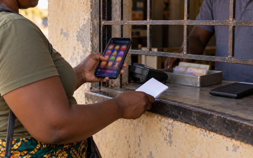 A 1 dollar deposit casino comparison scene at a Zambian kiosk with an abstract slot phone, anonymous coupon and cash terminal.