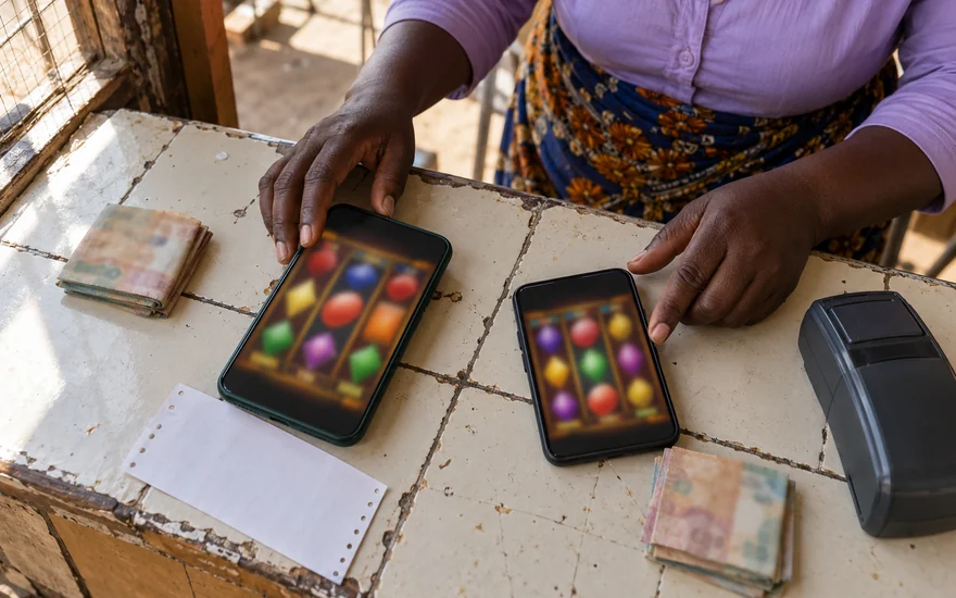 A 10 dollar deposit casino comparison illustrated by two blurred slot phones, separate anonymous cash stacks and a betting coupon at a Zambian counter.