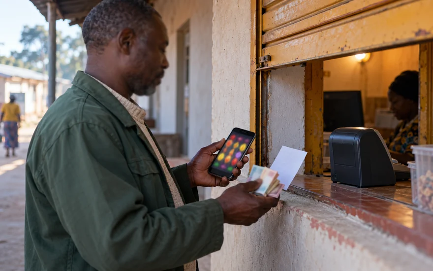 A 10 dollar deposit casino guide illustrated by an adult comparing a blurred slot phone and anonymous coupon at a rural Zambian payment-agent window.