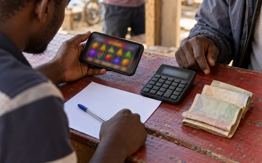 GSB bonus illustrated by a betting coupon, calculator and slot phone.