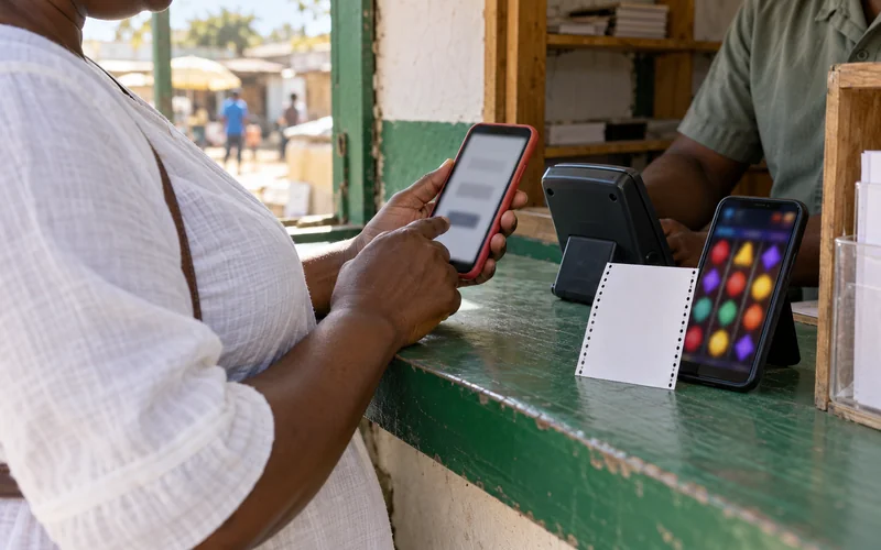 Wallet phone and casino reels at a payment counter